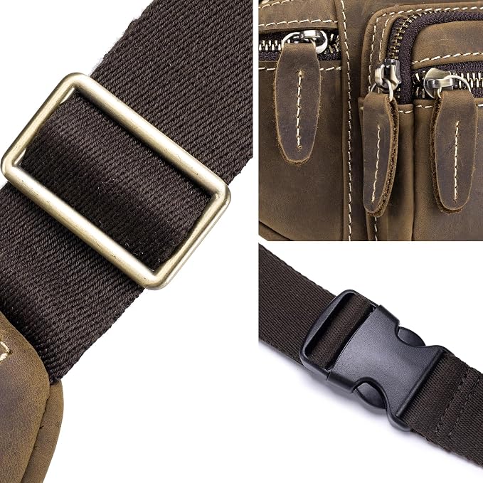 Crazy Horse Cowhide Leather Waist Pack Fanny Bag for Men Women Outdoor Travel Sports Running Walking Hiking Hip Bum Belt Slim Cell Phone Purse Casual Waist Wallet Pouch Deep Brown ﻿