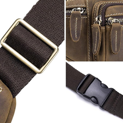 Crazy Horse Cowhide Leather Waist Pack Fanny Bag for Men Women Outdoor Travel Sports Running Walking Hiking Hip Bum Belt Slim Cell Phone Purse Casual Waist Wallet Pouch Deep Brown ﻿