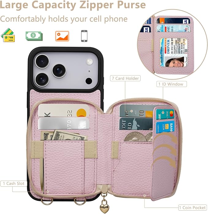 Keallce Case for iPhone 17 Pro Max 6.9'' Case Wallet, Crossbody Zipper Purse with RFID Blocking Card Slots Kickstand, Lanyard & Handstrap Flip Folio Leather Phone Cover for iPhone 17 Pro Max, Pink
