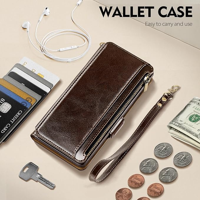 Antsturdy Compatible with iPhone 12 Wallet Case,RFID Blocking PU Leather Phone Case Women Men Kickstand Flip Cover Wrist Strap Zipper Credit Card Holder Slots,for Apple 12 Pro 6.1",Coffee