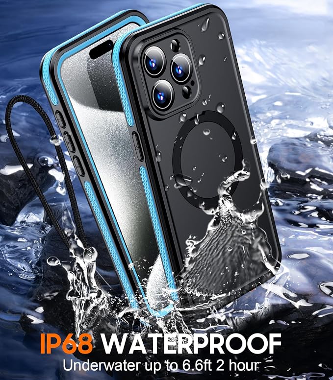 Temdan Magnetic for iPhone 15 Pro Case Waterproof, [Built-in Ring Invisible Stand & Screen Protector][IP68 Underwater][Dropproof][Dustproof][Real 360] Shockproof Protective Phone Case 6.1'' -Blue