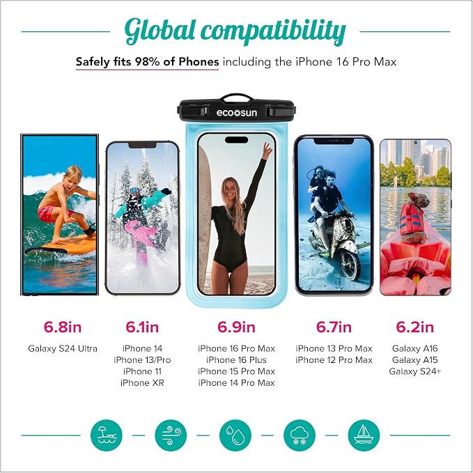 Eco Sun Waterproof Phone Pouch (2-Pack) — Designed in Hawaii — Case Fits All iPhones (incl. 17 Pro Max), Samsung Galaxy S24 & More (Black/Blue)