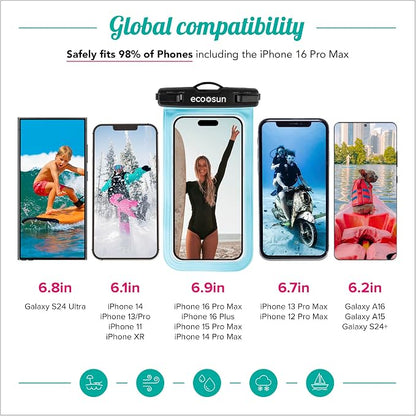 Eco Sun Waterproof Phone Pouch (2-Pack) — Designed in Hawaii — Case Fits All iPhones (incl. 17 Pro Max), Samsung Galaxy S24 & More (Black/Blue)