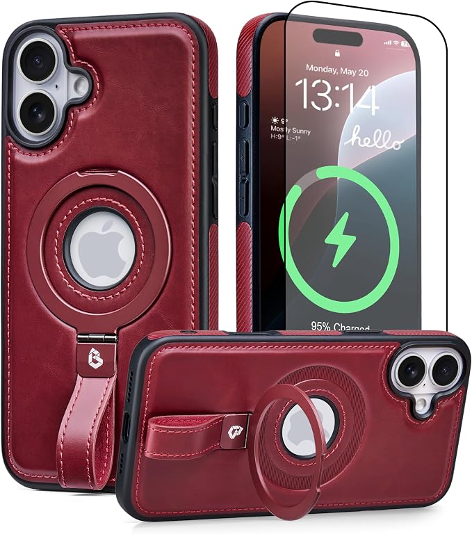 for iPhone 16 Plus Leather Case with Stand, Anti-Slip Grip Ring, Fits for MagSafe (Burgundy, iPhone 16 Plus)