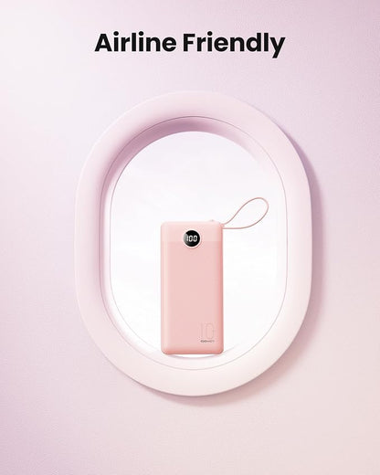Portable Phone Charger, Slim 10000mAh Travel Essentials Power Bank with Cords Wires, Battery Pack 5 Outputs 2 Inputs LED Display Compatible with iPhone/Android & More (Pink)