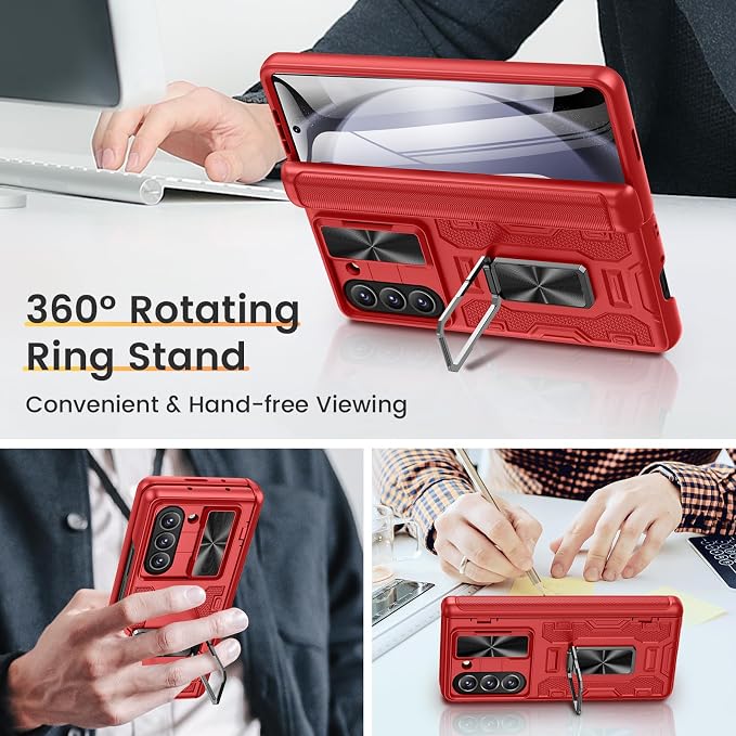 VEGO for Samsung Z Fold 5 Case with Slide Camera Cover & Screen Protector | Rugged Phone Case for Galaxy Z Fold 5 with Built-in 360° Rotating Kickstand Hinge Protection Full-Body Shockproof - Red