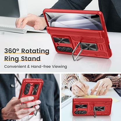 VEGO for Samsung Z Fold 5 Case with Slide Camera Cover & Screen Protector | Rugged Phone Case for Galaxy Z Fold 5 with Built-in 360° Rotating Kickstand Hinge Protection Full-Body Shockproof - Red
