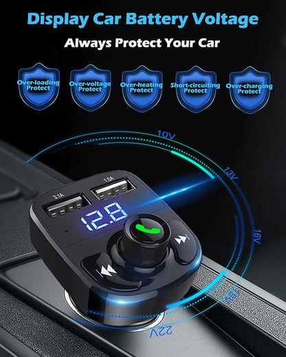 Handsfree Call Car Charger, Wireless Bluetooth 5.3 FM Transmitter Radio Receiver, MP3 Audio Music Adapter, Dual USB Ports, LED Show Voltage/FM Frequency, Compatible for iPhone Samsung Smartphones