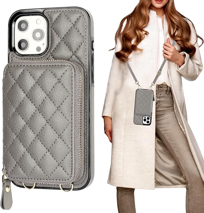 Bocasal Crossbody Wallet Case for iPhone 12 Pro Max, RFID Blocking PU Leather Zipper Handbag Purse Flip Cover, Kickstand Folio Case with Card Slots Holder Wrist Strap Lanyard 5G 6.7 Inch (Grey)