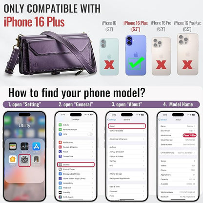 Strapurs Wallet Case Compatible with iPhone 16 Plus 6.7" RFID Blocking 10-Card Holder Soft PU Leather Magnetic Snap Shoulder Strap Zipper Pocket Phone Case Fit for iPhone 16 Plus - Purple
