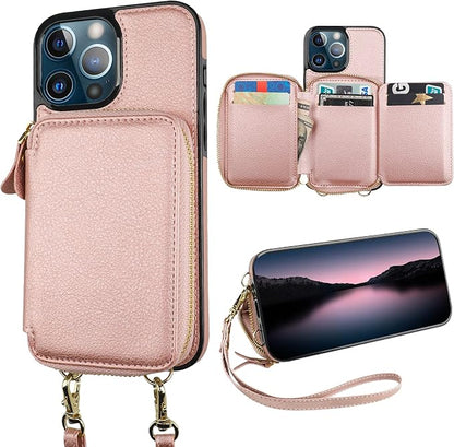 Bocasal RFID Blocking Wallet Case for iPhone 13 Pro Max, Adjustable Crossbody Zipper Purse Case Card Holder with Kickstand Detachable Wrist Strap, PU Leather Flip Folio Case 6.7 Inch 5G (Rose Gold)