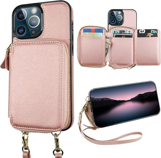 Bocasal RFID Blocking Wallet Case for iPhone 13 Pro Max, Adjustable Crossbody Zipper Purse Case Card Holder with Kickstand Detachable Wrist Strap, PU Leather Flip Folio Case 6.7 Inch 5G (Rose Gold)