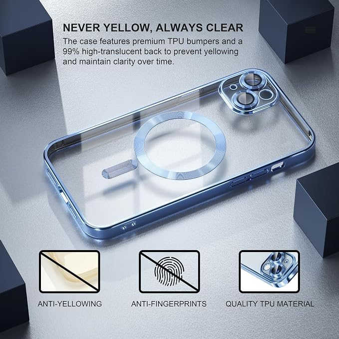 Misea Magnetic for iPhone 15 Plus Case Compatible with MagSafe [Never Yellowing] [Military Grade Drop Protection] Full Camera Lens Protector Plating Soft Clear Phone Case for Women, Sierra Blue
