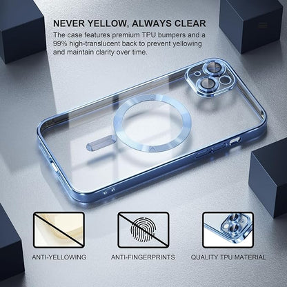 Misea Magnetic for iPhone 15 Plus Case Compatible with MagSafe [Never Yellowing] [Military Grade Drop Protection] Full Camera Lens Protector Plating Soft Clear Phone Case for Women, Sierra Blue