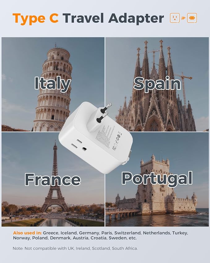 TESSAN European Travel Plug Adapter, 2 Pack | Built-in 20W Retractable USB-C Cable, Type C Power Adapter, 3 AC Outlets 4 USB Ports