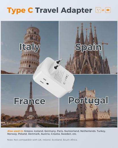 TESSAN European Travel Plug Adapter, 2 Pack | Built-in 20W Retractable USB-C Cable, Type C Power Adapter, 3 AC Outlets 4 USB Ports