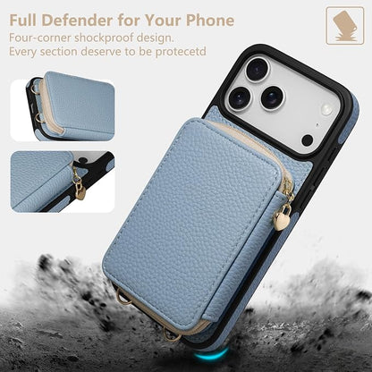Keallce Case for iPhone 17 Pro Max 6.9'' Case Wallet, Crossbody Zipper Purse with RFID Blocking Card Slots Kickstand, Lanyard & Handstrap Flip Folio Leather Phone Cover for iPhone 17 Pro Max, Blue