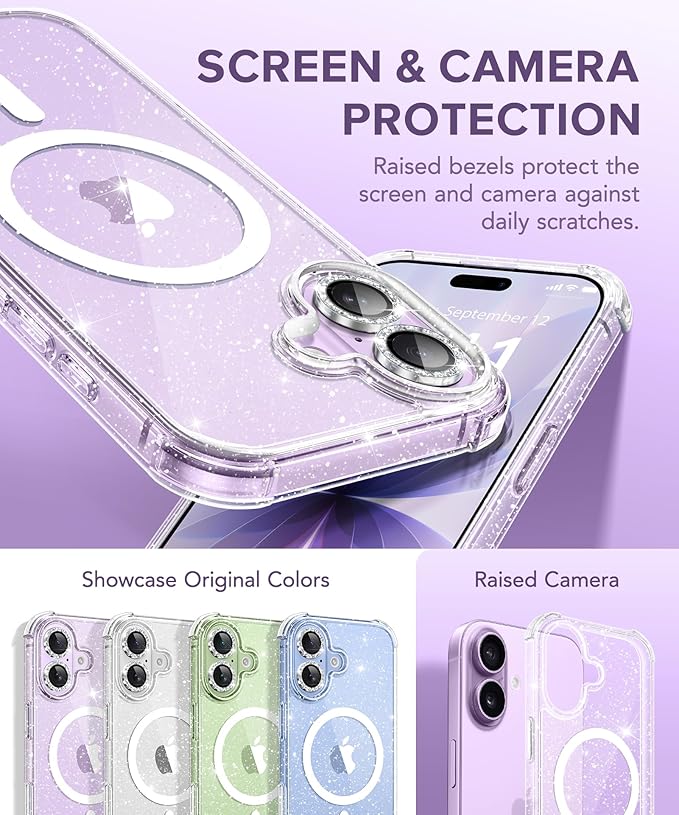 BERFY for iPhone 17 Case for Women, Clear Glitter Shockproof Protective Case, Anti-Yellowing, with Screen Protector & Camera Lens Protector 6.3", Magnetic Diamond Sparkle