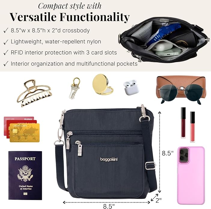 Baggallini Modern Pocket Crossbody Bag for Women, 8.5"x8.5" Handbag Purse with RFID, Lightweight Water-Resistant