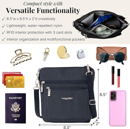 Baggallini Modern Pocket Crossbody Bag for Women, 8.5"x8.5" Handbag Purse with RFID, Lightweight Water-Resistant