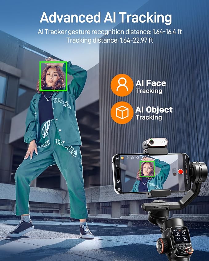 hohem iSteady M7 Gimbal Stabilizer for iPhone, Phone Gimbal with AI Tracking, 1.4" Detachable Touchscreen Remote, Built-in Extension Rod, Fill Light, Phone Stabilizer for Video Recording, YouTube