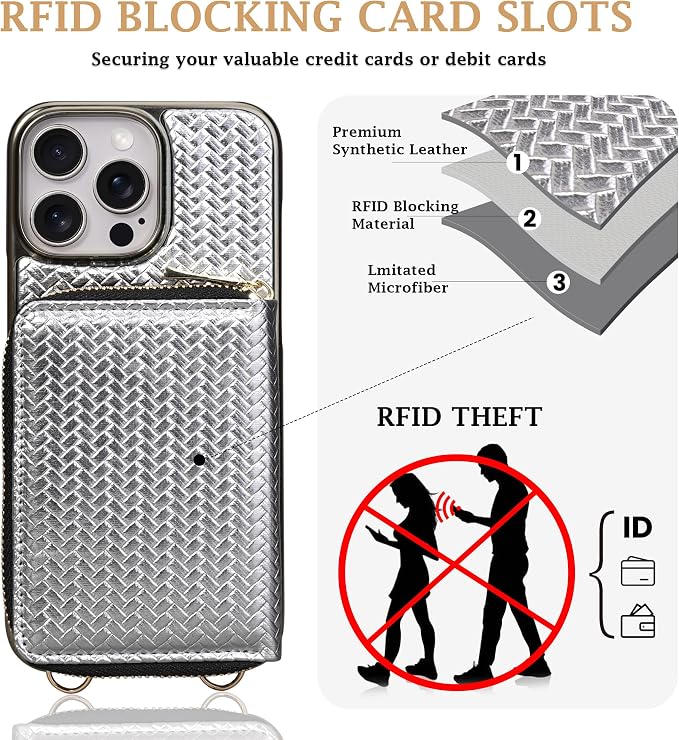 Keallce Wallet Case for iPhone 16 Pro Max 6.9", Crossbody Zipper Purse with Wristlet Strap, RFID Blocking Card Holder Kickstand, Woven Leather Case Electroplating Process for Women (Sliver)