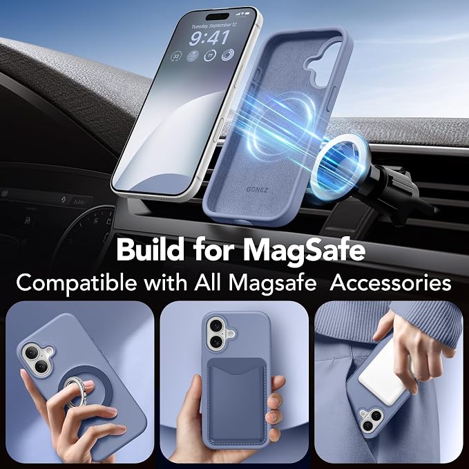 GONEZ Magnetic for iPhone 16 Case, Compatible with MagSafe, [Screen Protector + Camera Lens Protector], Liquid Silicone Shockproof Protective Phone Case for iPhone 16 6.1", Lavender Gray