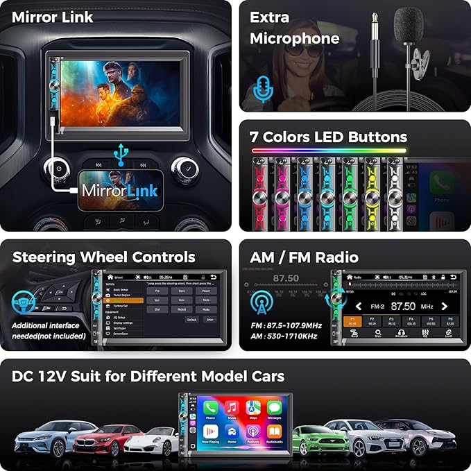 7" Double Din Car Stereo with Wireless Apple Carplay & Android Auto, Bluetooth, 240W, SWC, Subwoofer Out, Mirror Link, USB-C/AUX/TF, FM/AM Car Radio Receiver, Backup Camera