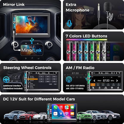 7" Double Din Car Stereo with Wireless Apple Carplay & Android Auto, Bluetooth, 240W, SWC, Subwoofer Out, Mirror Link, USB-C/AUX/TF, FM/AM Car Radio Receiver, Backup Camera