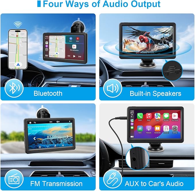 Wireless Carplay Screen for Car, 7" HD Touch Screen Portable Car Stereo for Carplay & Android Auto, Pantalla para Carros with Bluetooth, AUX, FM Transmitter, Voice Control