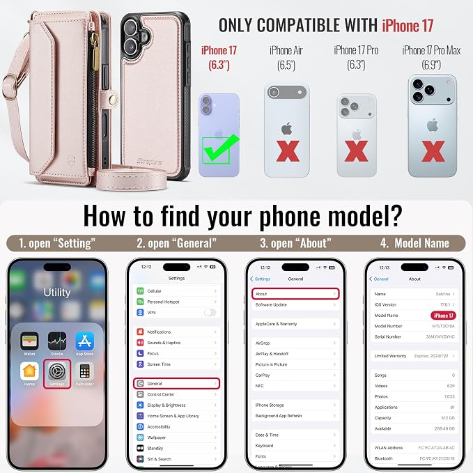 Strapurs for iPhone 17 Detachable Wallet Case Compatible with Magsafe for Women, RFID Blocking 9-Card Holder Zipper Wrist Strap Lanyard PU Leather Magnetic Phone Case for iPhone 17 6.3", Rose Gold