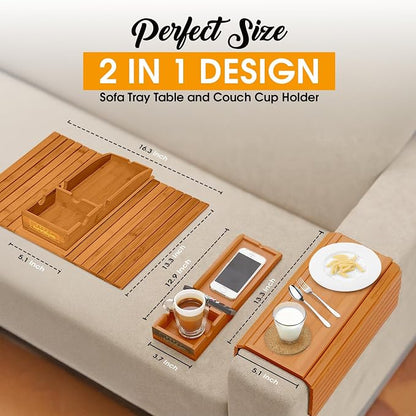 Couch Cup Holder Tray with 2 Cork Coasters, Couch Caddy, Anti-Slip Foldable Armrest Sofa Tray, Couch Armrest Table, Anti-Spill Holder for Remote, Snacks, Cellphone - Ideal Gift (Mahogany)