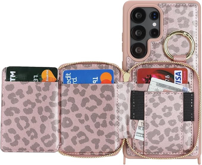 Crossbody Wallet Case for Galaxy S25 Ultra, PU Leather Zipper Handbag Purse Flip Cover, Kickstand Folio Case with Card Slots Holder Wrist Strap Lanyard -Pink Leopard