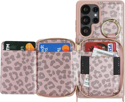 Crossbody Wallet Case for Galaxy S25 Ultra, PU Leather Zipper Handbag Purse Flip Cover, Kickstand Folio Case with Card Slots Holder Wrist Strap Lanyard -Pink Leopard