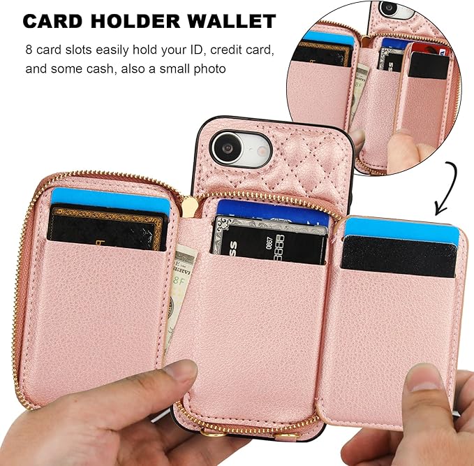 Bocasal Crossbody Wallet Case for iPhone 17e/16e, RFID Blocking PU Leather Zipper Handbag Purse Flip Cover, Kickstand Folio Case with Card Slots Holder Wrist Strap Lanyard 6.1 Inch 5G (Rose Gold)