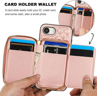 Bocasal Crossbody Wallet Case for iPhone 17e/16e, RFID Blocking PU Leather Zipper Handbag Purse Flip Cover, Kickstand Folio Case with Card Slots Holder Wrist Strap Lanyard 6.1 Inch 5G (Rose Gold)