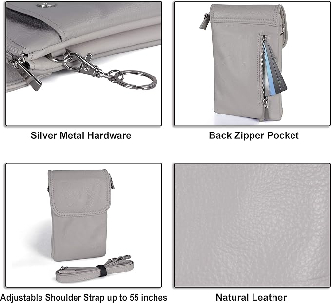 befen Genuine Leather Small Crossbody Bags for Women Cell Phone Bag Cross Body Purses,Silver Zipper