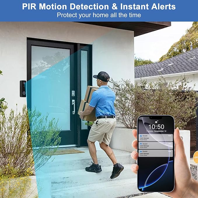 Doorbell Camera Wireless, Head-to-Toe Video - No Subscription Required,2K HD Live View, Two-Way Talk,Smart Video Doorbell with Chime,Battery Powered,Motion Alerts,Works with Alexa &Google(2.4G WiFi)