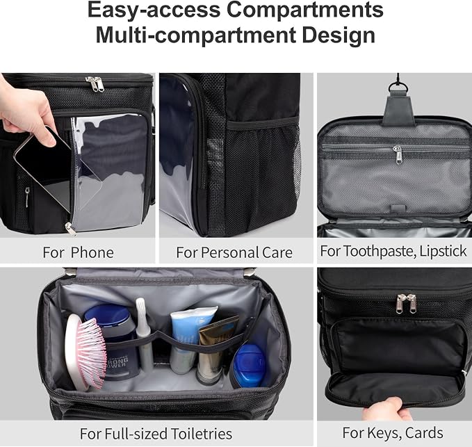 F-color Hanging Shower Caddy Portable with Clear Makeup Bag - College Dorm Essentials for Guys with Hooks Black, TSA Approved Toiletry Bag for Travel Size, Black