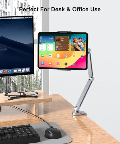 Tablet Arm Mount with Super Grip, Adjustable Foldable Holder & Heavy Duty Aluminum 360° Rotating Clamp for iPad, Phone, Monitor, Kindle - Universal for Desk, Bed, Kitchen - Silver