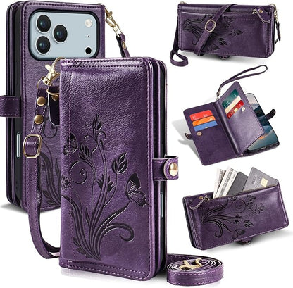 Lacass for iPhone 17 Pro Max Case Wallet,[Cards Theft Scan Protection] Card Holder Zipper Leather Flip Cover Crossbody Wrist Strap with Stand (Floral Dark Purple)