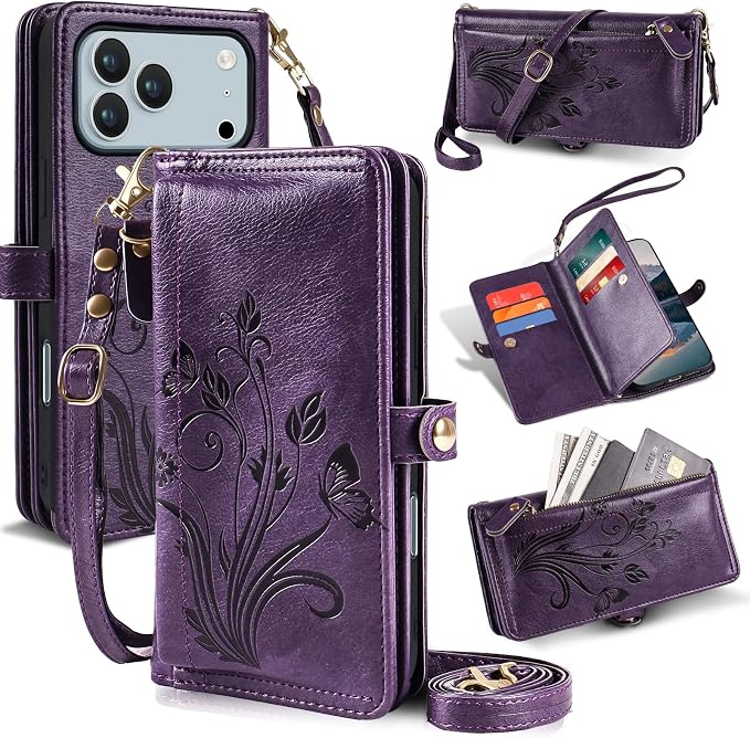 Lacass for iPhone 17 Pro Case Wallet,[Cards Theft Scan Protection] Card Holder Zipper Leather Flip Cover Crossbody Wrist Strap with Stand (Floral Dark Purple)