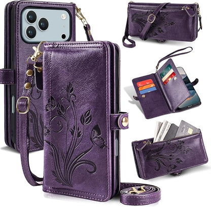 Lacass for iPhone 17 Pro Case Wallet,[Cards Theft Scan Protection] Card Holder Zipper Leather Flip Cover Crossbody Wrist Strap with Stand (Floral Dark Purple)