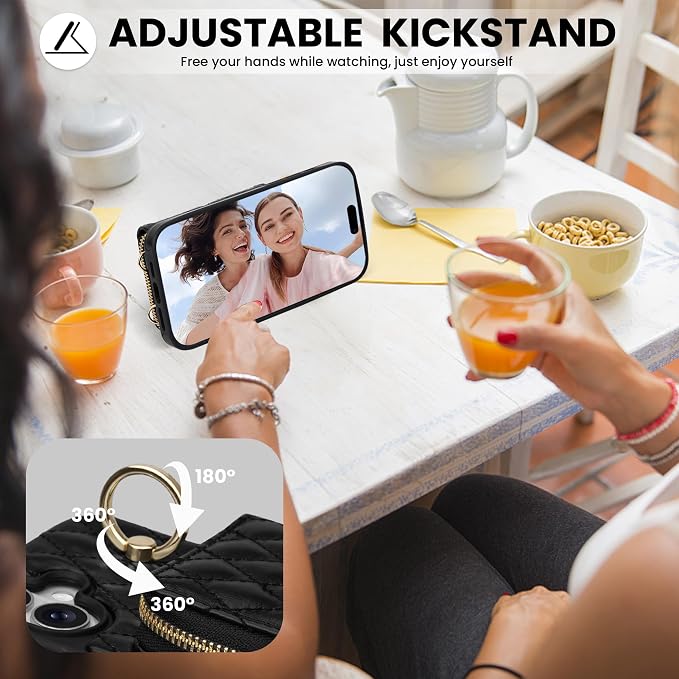 Keallce Case for iPhone 16 6.1'' Wallet Case, Crossbody Zipper Purse with Wristlet for Women, RFID Blocking Card Holders, 360° Ring Kickstand Flip Leather Case for iPhone 16, Black