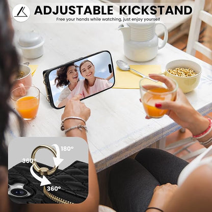 Keallce Case for iPhone 16 6.1'' Wallet Case, Crossbody Zipper Purse with Wristlet for Women, RFID Blocking Card Holders, 360° Ring Kickstand Flip Leather Case for iPhone 16, Black