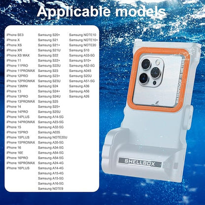 Universal Underwater Phone Diving Case with Bluetooth Controller, IP68 50FT Waterproof for iPhone 17 (Standard Only), iPhone 16/15/14/13/12/11 & Galaxy S24/S23/S22, Grey+Orange