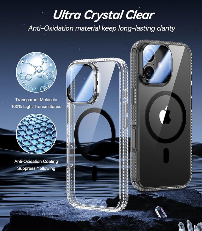 [Upgraded Full Camera Protection] for iPhone 17 Case with Camera Cover Stand [Fit for MagSafe][10FT Mil-Grade Protection] Transparent Magnetic iPhone 17 Phone Case, Clear Black