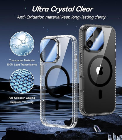 [Upgraded Full Camera Protection] for iPhone 17 Case with Camera Cover Stand [Fit for MagSafe][10FT Mil-Grade Protection] Transparent Magnetic iPhone 17 Phone Case, Clear Black