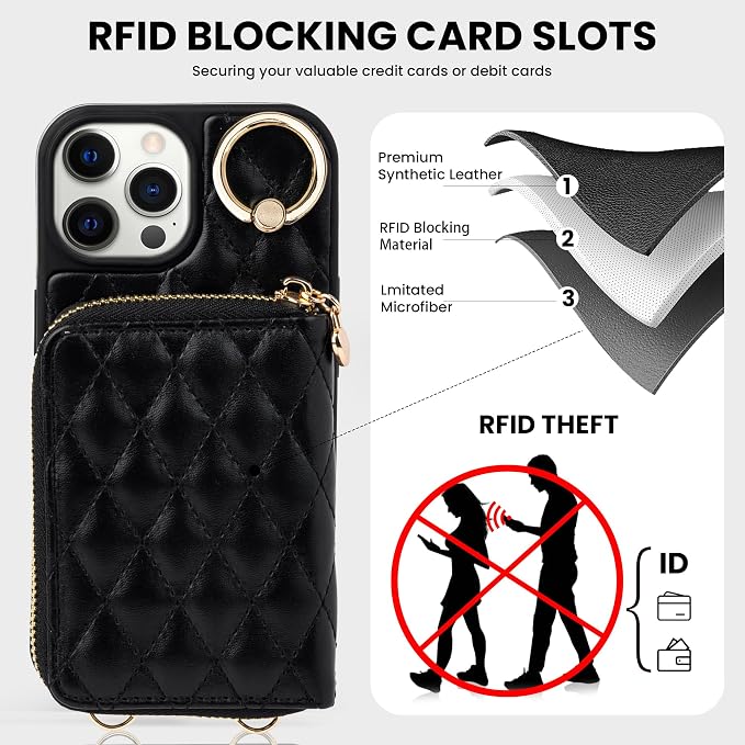 Keallce Case for iPhone 12 Pro/iPhone 12 6.1'' Wallet Case, Crossbody Zipper Purse Handbag Wristlet for Women, RFID Blocking Card Holders, Ring Kickstand Flip Leather Cover for iPhone 12/12 Pro, Black
