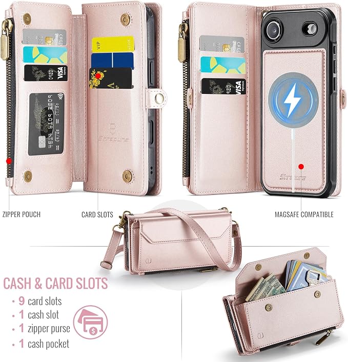 Strapurs for iPhone Air Detachable Wallet Case Compatible with Magsafe for Women, RFID Blocking 9-Card Holder Zipper Strap Lanyard PU Leather Magnetic Phone Case for iPhone 17 Air 6.5", Rose Gold